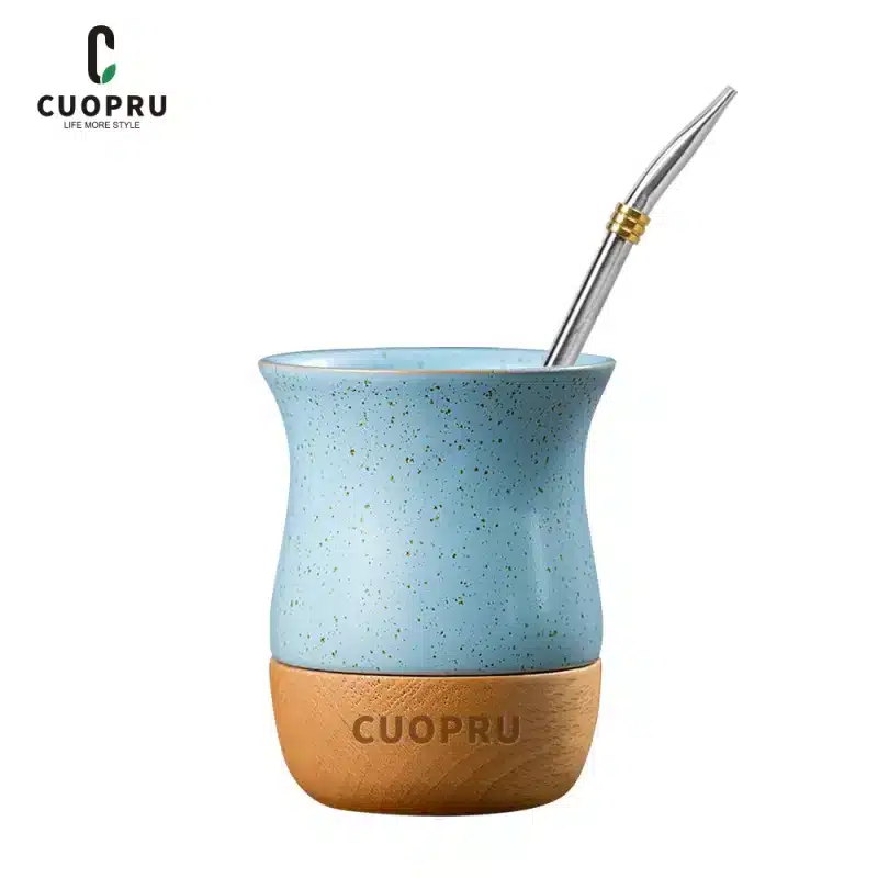 Ceramic and Wood Yerba Mate Cup with Bombilla Straw Set